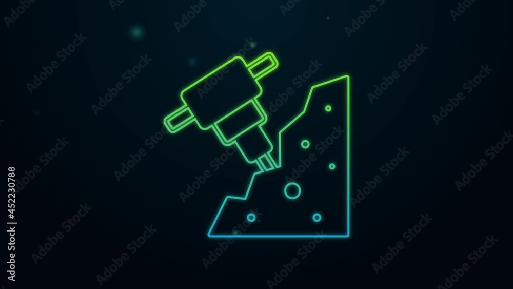 Glowing neon line Construction jackhammer and stone icon isolated on black background. 4K Video motion graphic animation