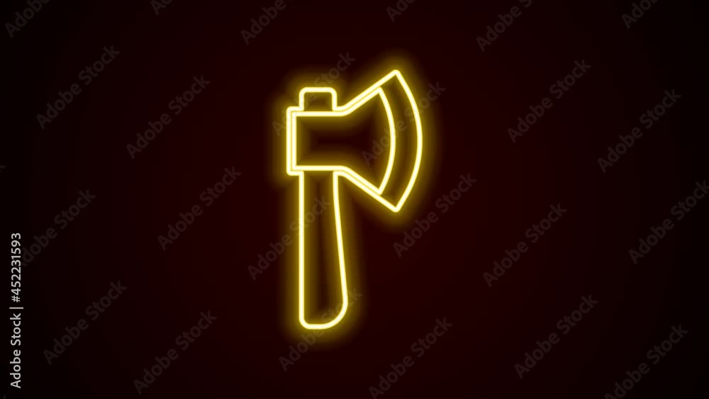 Glowing neon line Wooden axe icon isolated on black background. Lumberjack axe. 4K Video motion graphic animation Glowing neon line Wooden axe icon isolated on black background. Lumberjack axe. 4K Video motion graphic animation