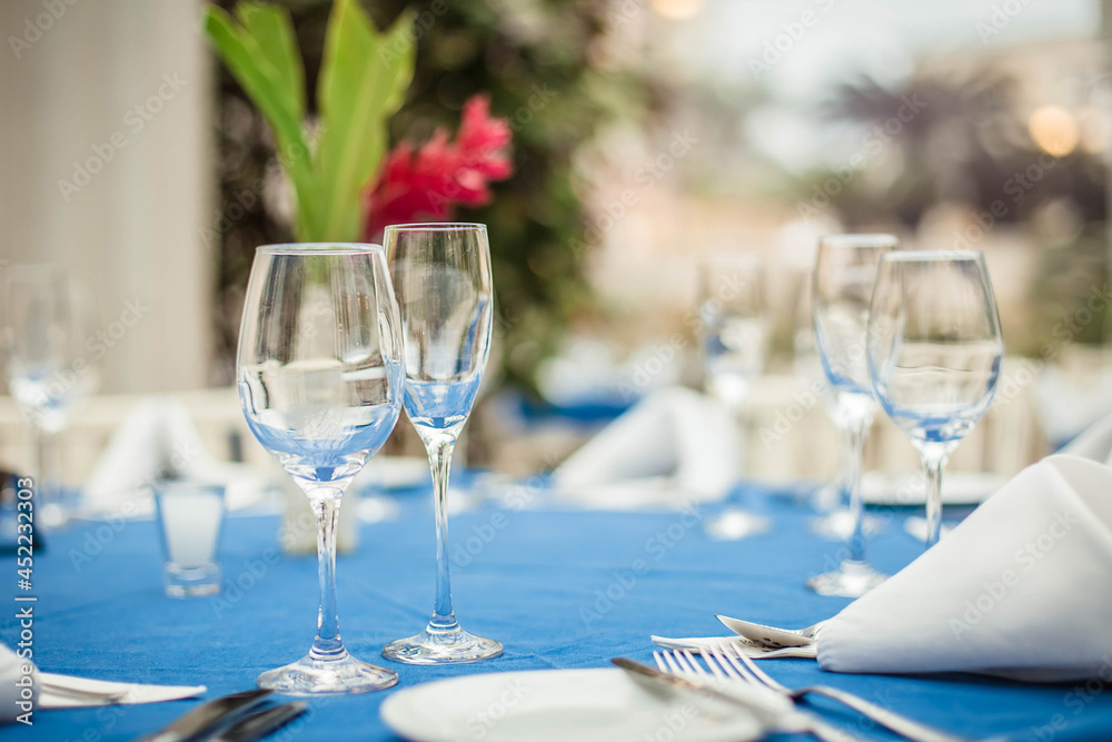 Close-up of crystal glasses on a restaurant table with a blue tablecloth, plates, cutlery, napkins and flowers, with a blurred garden in the background at a social event