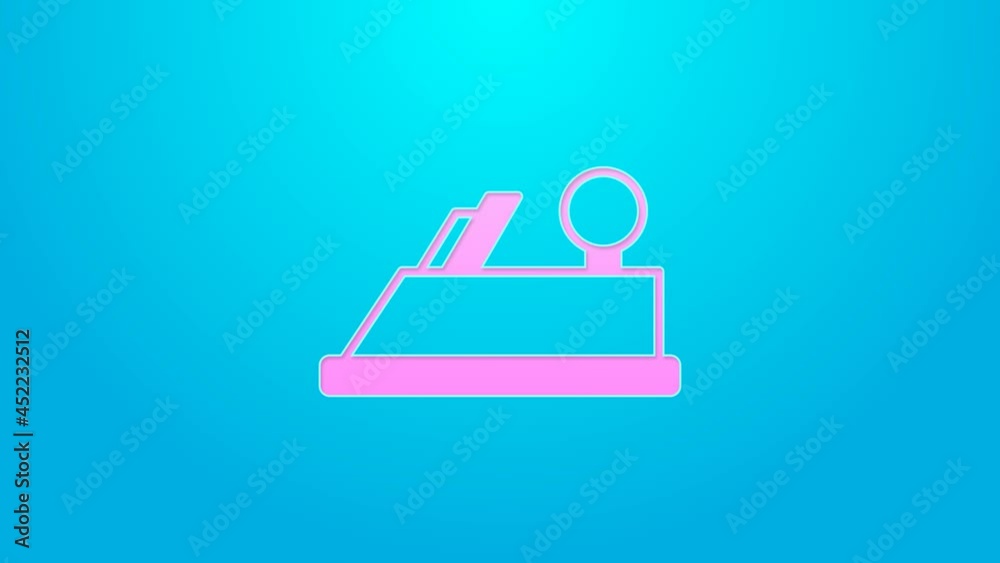 Pink line Wood plane tool for woodworker hand crafted icon isolated on blue background. Jointer plane. 4K Video motion graphic animation