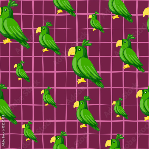 Random green parrots silhouettes seamless doodle pattern. Purple bright chequered background.