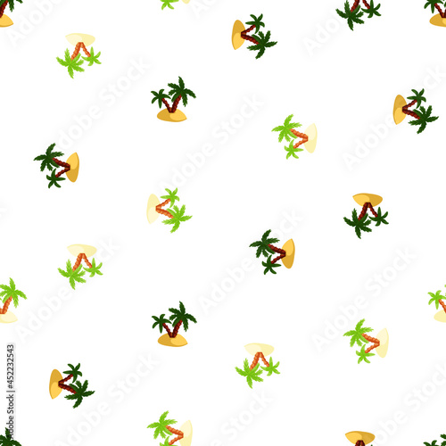 Isolated seamless pattern with green and navy blue palm tree and island silhouettes. White background.