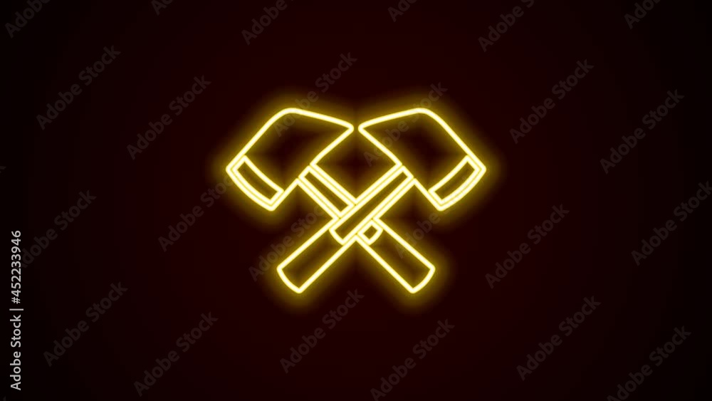Glowing neon line Firefighter axe icon isolated on black background. Fire axe. 4K Video motion graphic animation Glowing neon line Firefighter axe icon isolated on black background. Fire axe. 4K Video motion graphic animation