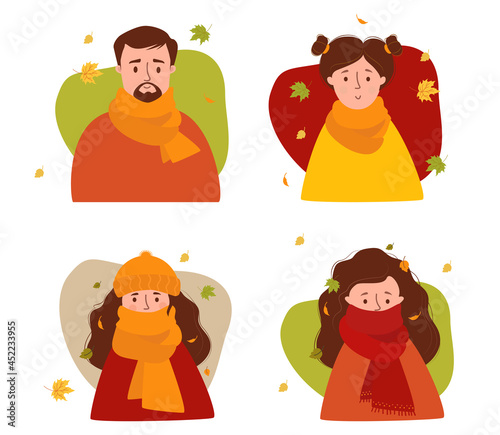 Set of portraits autumn people. man with a beard and girl in hat, with haircut and wrapped in scarf with autumn leaves. Vector illustration. Characters for design, decorations, postcards and avatars