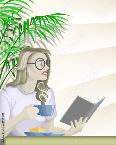 Young caucasian female having morning coffee while reading a book