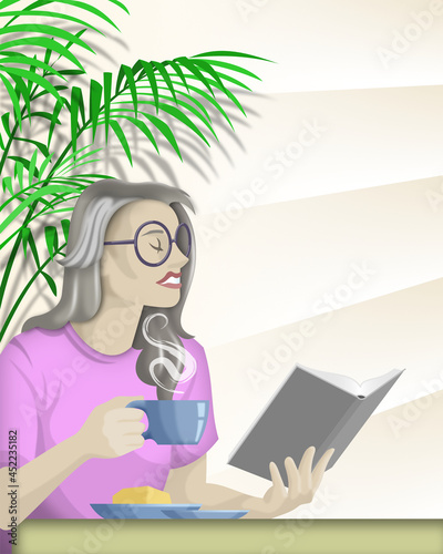 Older caucasian female having morning coffee while reading a book