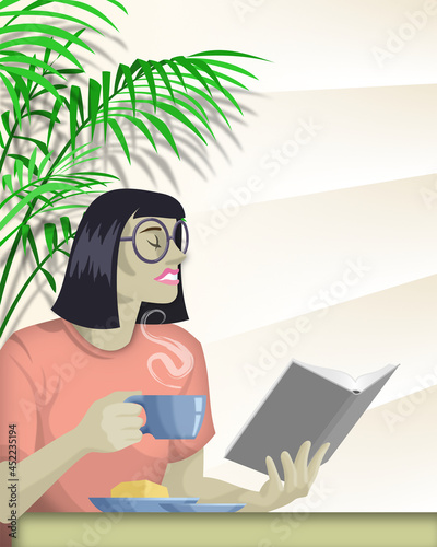 Young ethnic female having morning coffee while reading a book