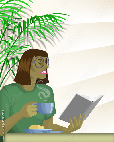 Young ethnic female having morning coffee while reading a book