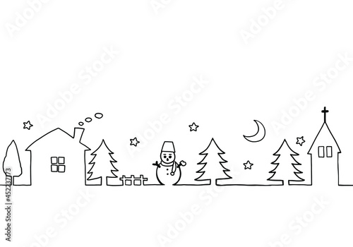 かわいい冬の風景　線画イラスト
