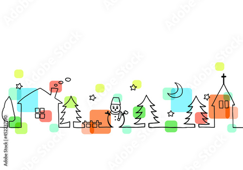 かわいい冬の風景　線画イラスト