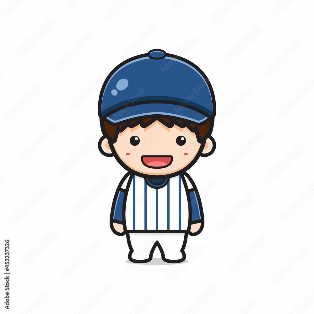 Cute boy wearing baseball uniform cartoon icon illustration