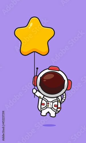 Cute astronaut holding star balloon cartoon icon illustration