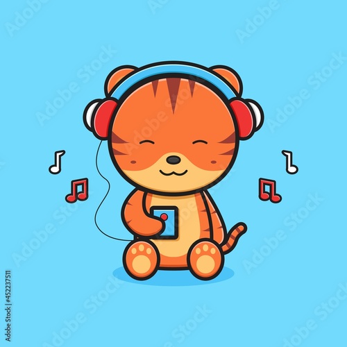 Cute tiger listening music with headphone cartoon icon illustration