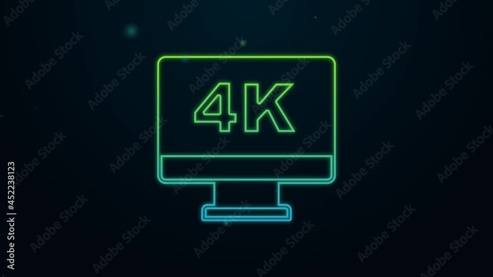 Glowing neon line Screen tv with 4k Ultra HD video technology icon isolated on black background. 4K Video motion graphic animation Glowing neon line Screen tv with 4k Ultra HD video technology icon isolated on black background. 4K Video motion graphic animation