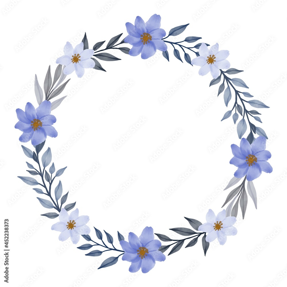 grey floral wreath, circle frame with white and purple flower border