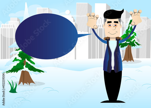 Funny cartoon man dressed for winter is trying to scare you. Vector illustration.