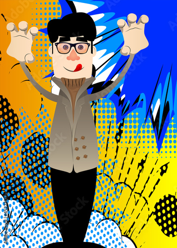 Funny cartoon man dressed for winter is trying to scare you. Vector illustration.