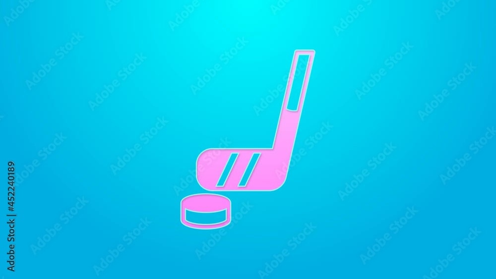 Pink line Ice hockey stick and puck icon isolated on blue background. 4K Video motion graphic animation Pink line Ice hockey stick and puck icon isolated on blue background. 4K Video motion graphic animation
