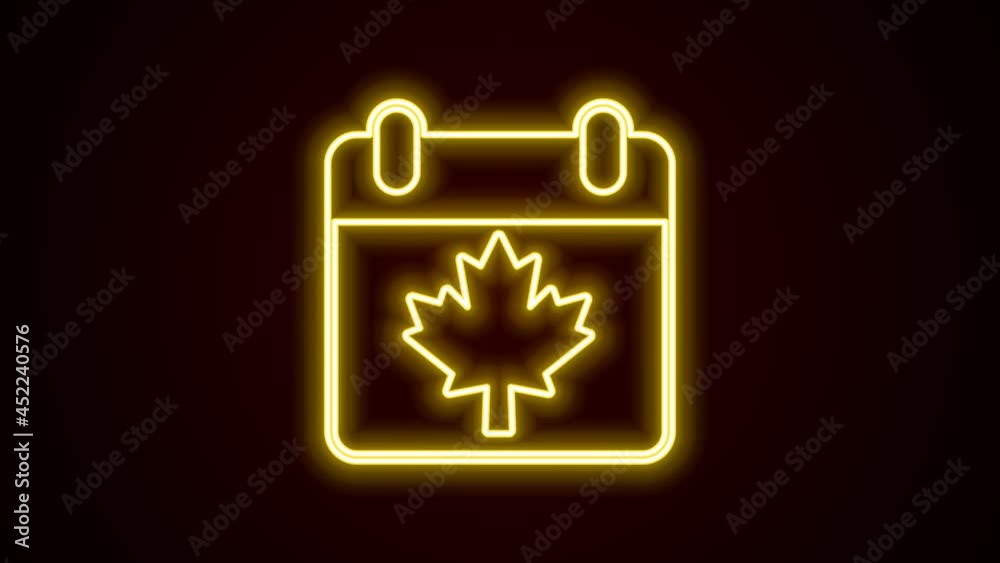 Glowing neon line Canada day with maple leaf icon isolated on black background. 1-th of July Independence Day on the calendar with the Canada flag. 4K Video motion graphic animation Glowing neon line Canada day with maple leaf icon isolated on black background. 1-th of July Independence Day on the calendar with the Canada flag. 4K Video motion graphic animation