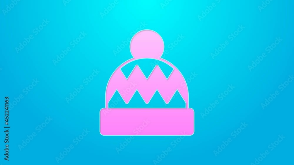 Pink line Beanie hat icon isolated on blue background. 4K Video motion graphic animation Pink line Beanie hat icon isolated on blue background. 4K Video motion graphic animation