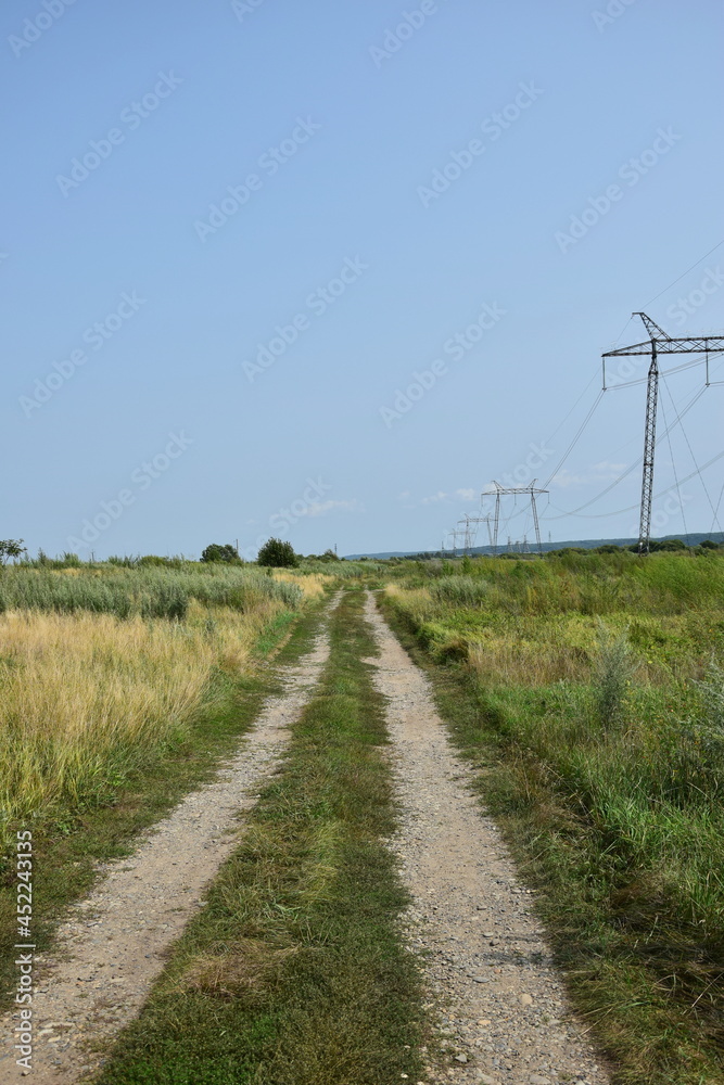 Empty rural road in the field.  Withered yellow-green grass along the path. Blue sky. 