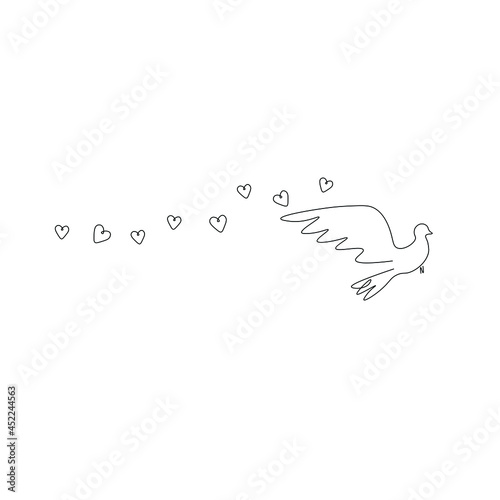 Charity dove fly hearts symbol of volunteering help mercy love goodness and hope line drawing vector illustration