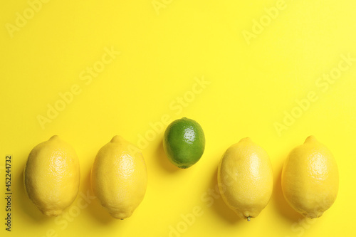 Lime among lemons on yellow background, flat lay. Space for text photo