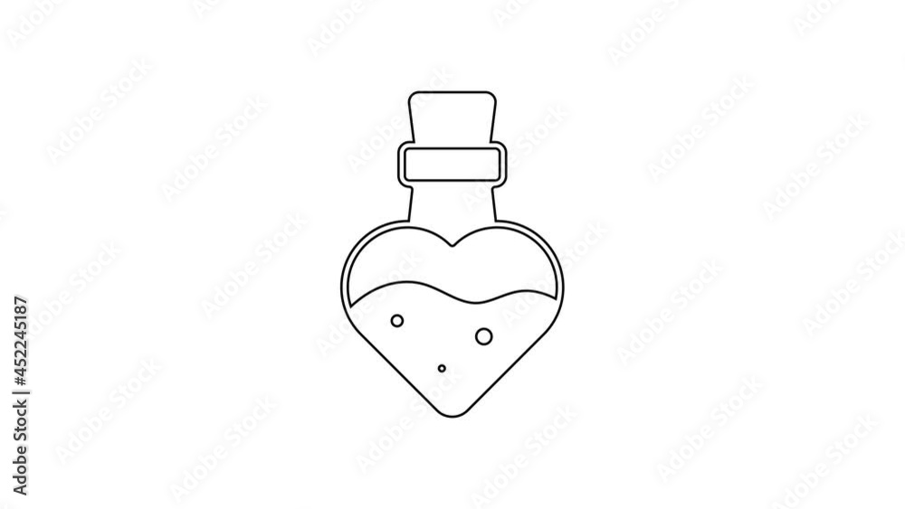 Black line Bottle with potion icon isolated on white background. Flask with magic potion. Happy Halloween party. 4K Video motion graphic animation Black line Bottle with potion icon isolated on white background. Flask with magic potion. Happy Halloween party. 4K Video motion graphic animation