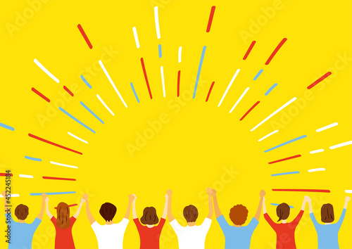 手を繋ぐ人達　万歳　集中線背景