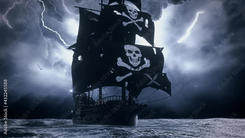 3D Jolly Roger Pirate Galleon in the middle of A Rough Sea - Loop Landscape Background