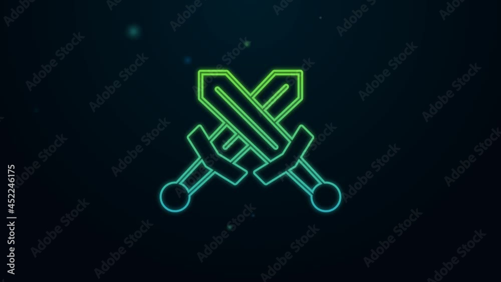 Glowing neon line Crossed medieval sword icon isolated on black background. Medieval weapon. 4K Video motion graphic animation Glowing neon line Crossed medieval sword icon isolated on black background. Medieval weapon. 4K Video motion graphic animation
