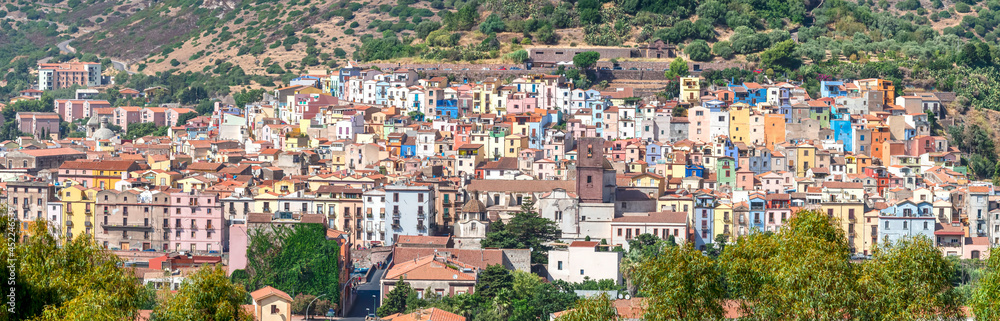Panoramic view of the colorful houses of Bosa, Oristano - Sardinia 