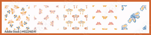 Whimsical style block print shape butterfly pattern set. Seamless lino cut retro all over print collection. Trendy playful baby nursery decor, scandi fashion, decorative lino cut. Vector swatch. 