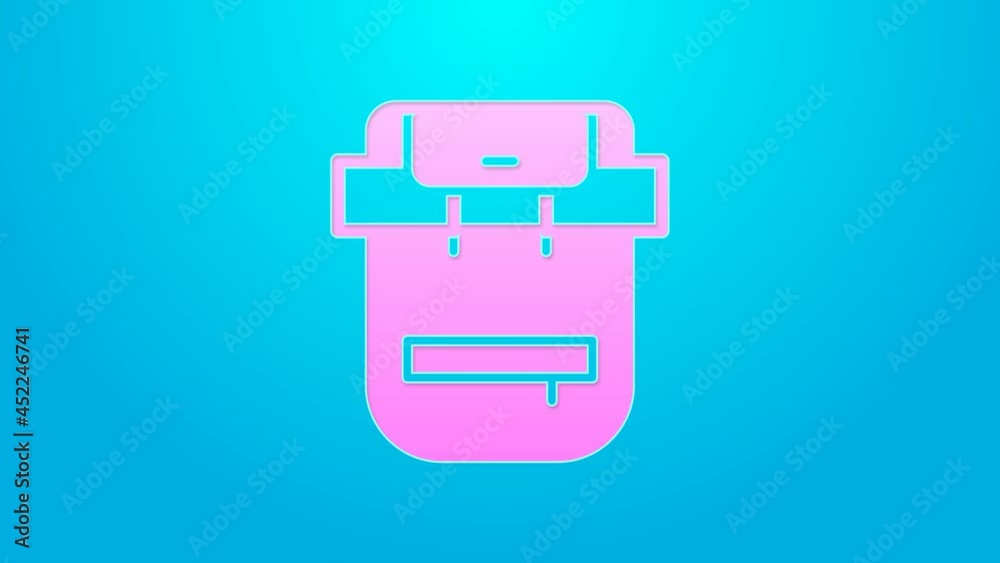 Pink line Hiking backpack icon isolated on blue background. Camping and mountain exploring backpack. 4K Video motion graphic animation Pink line Hiking backpack icon isolated on blue background. Camping and mountain exploring backpack. 4K Video motion graphic animation