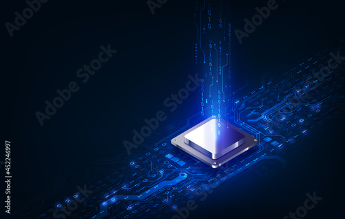 Abstract technology chip processor background circuit board and html code,3D illustration blue technology background vector.