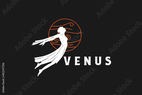 Beauty Flying Venus Greek Woman Angel Girl or Goddess Logo Design Vector