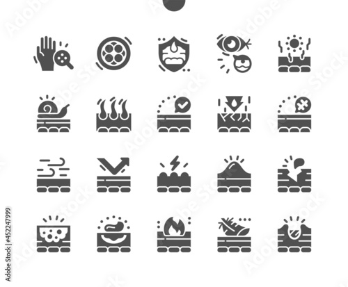 Skin. Eye wrinkles. Skin cancer. Hair removal. Delicate skin. Beauty, treatment, medical and dermatology. Vector Solid Icons. Simple Pictogram