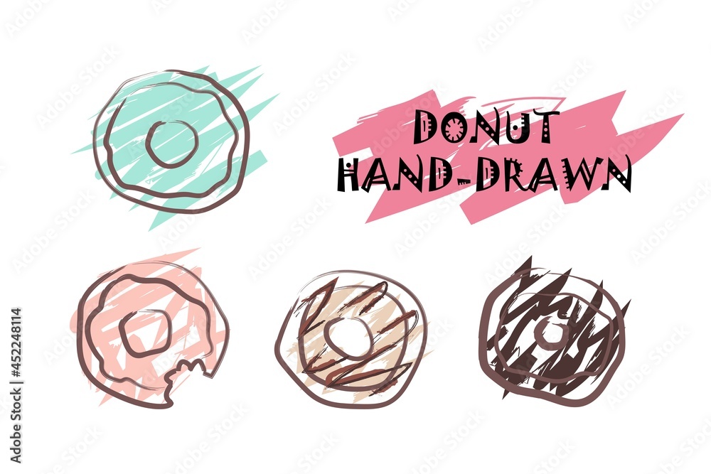Blue, pink, white and chocolate donut handrawn set template design Blue, pink, white and chocolate donut handrawn set template design