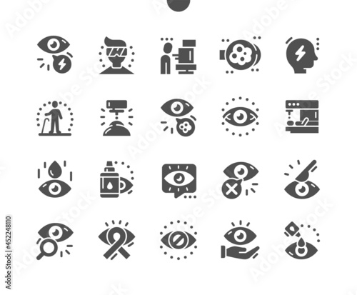 Glaucoma. Laser eye surgery. Eye drops. Glaucoma headache. Blinded eye. Health care, medical and medicine. Vector Solid Icons. Simple Pictogram