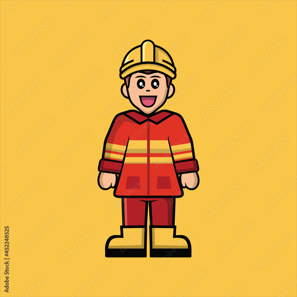 vector cartoon cute fire brigade,  Profession icon concept isolated vector. Flat cartoon style
