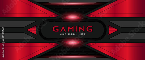 Futuristic geometric black and red gaming background with modern esport shapes. Vector design template technology concept can use element game banner, sport poster, cyber wallpaper, web streaming