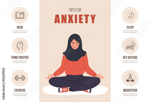 Tips for anxiety. Mental health concept. Happy islamic woman in hijab meditating in lotus position. Infographic of psychotherapy. Mood disorder. Vector illustration in flat cartoon style.