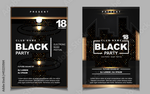 Luxury night dance party music layout cover design template background with elegant black and gold style. Light electro style vector for music event concert disco  club invitation  festival poster