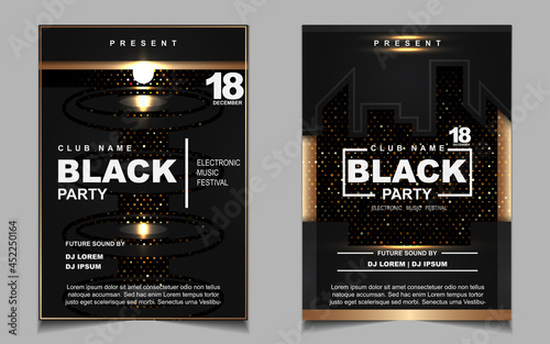 Luxury night dance party music layout cover design template background with elegant black and gold style. Light electro style vector for music event concert disco, club invitation, festival poster