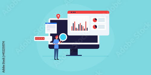 SEO report and website audit software application showing information, statistics, data on dashboard, businessman studying seo report on computer screen. Business analytics technology solution.