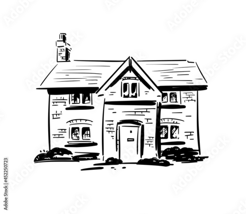Country stone house in outline style. Vector hand drawn illustration.