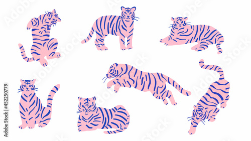 Set of cute pink tiger illustration in different poses. The tiger stands, lies, goes, hunts. Big cats. Predatory mammals.