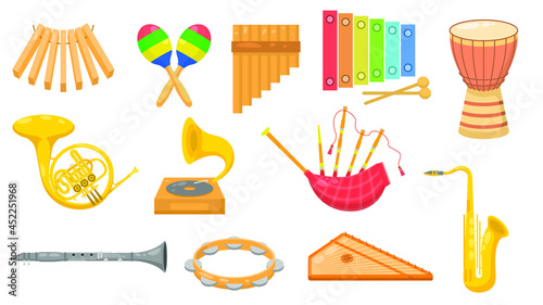 Set Abstract Collection Flat Cartoon  Different Color Music Instrument Flute Bagpipe French Horn Drum Tambourine Gusli Xylophone Concept Vector Design Style Elements With Shadows
