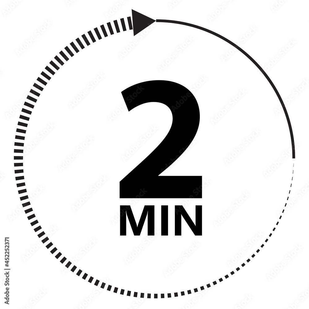 Two minutes icon on white background. 2 minutes timer sign. 2min time circle symbol. flat style. Two minutes icon on white background. 2 minutes timer sign. 2min time circle symbol. flat style.