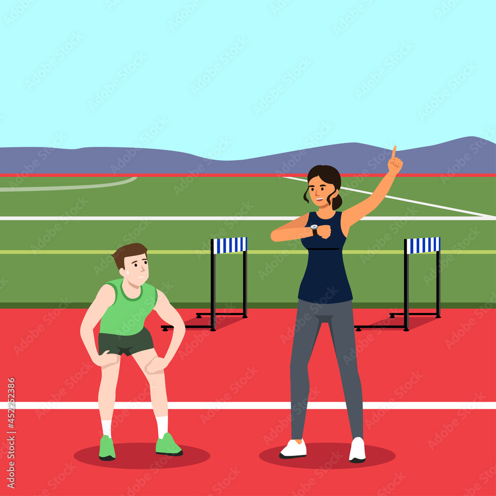 Runner Athlete Running Sprint Track Sport Competition. woman coach training. Flat Vector Illustration